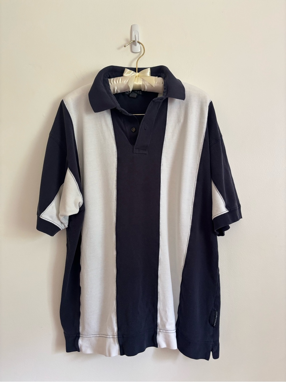 Vintage Structure Men's Navy and White Vertical Stripe Polo Shirt